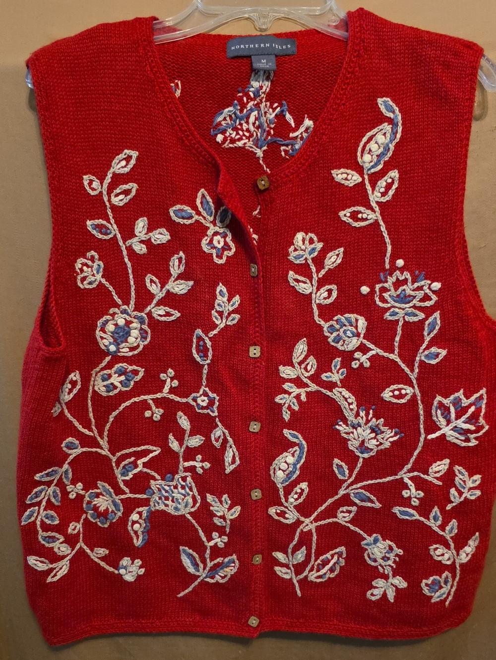Ladies' Red Embroidered Sweater Vest M